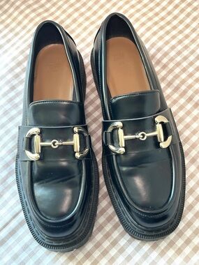 Black Chunky Leather Loafers with Gold Horse Bit Buckles Women's size 8.5, H&M